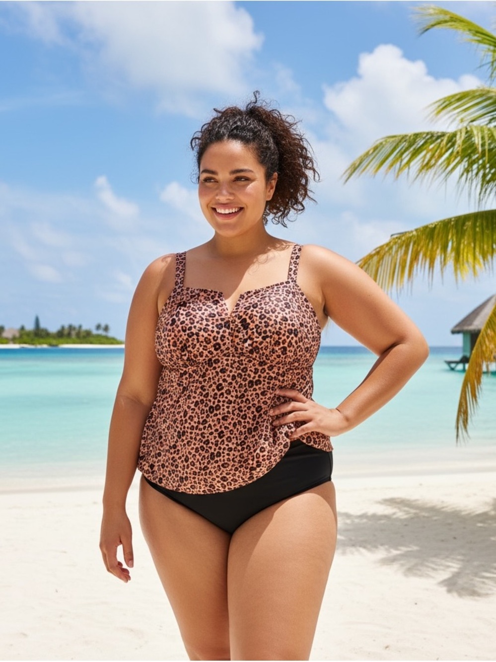 🖤🤎 Shade & Shore Leopard Print Brown Tankini Swim Top w/Adjustable Straps EUC 1X